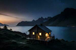 une cabine dans le montagnes à nuit. généré par ai photo