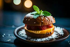 une Hamburger avec des fraises et fromage sur une en bois plaque. généré par ai photo