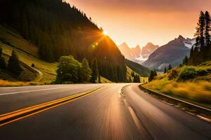 une route dans le montagnes avec le Soleil paramètre. généré par ai photo