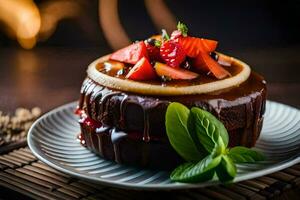 une Chocolat gâteau avec des fraises et menthe feuilles. généré par ai photo