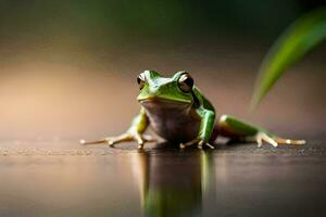 une grenouille séance sur une surface avec une vert Contexte. généré par ai photo