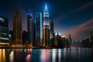 le ville horizon à nuit dans Dubai. généré par ai photo