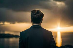 une homme dans une costume regards en dehors plus de le océan à le coucher du soleil. généré par ai photo