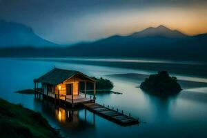 une petit en bois maison est assis sur le bord de une Lac à crépuscule. généré par ai photo