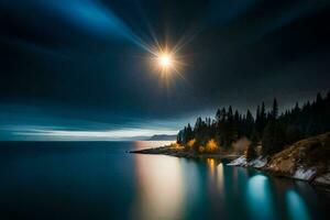 une plein lune brille plus de le l'eau et des arbres. généré par ai photo