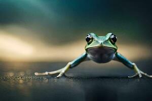 une grenouille est permanent sur le sol avec ses jambes diffuser. généré par ai photo