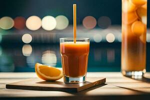 une verre de Orange jus avec une paille. généré par ai photo