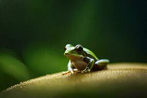 une grenouille séance sur Haut de une vert feuille. généré par ai photo