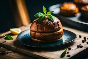 une assiette avec une sandwich sur il. généré par ai photo