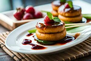 Trois petit Gâteaux avec sauce sur une plaque. généré par ai photo