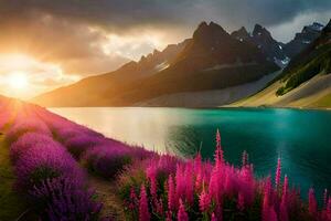 le Soleil brille plus de une Lac et violet fleurs. généré par ai photo