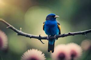 une bleu oiseau est assis sur une branche dans de face de fleurs. généré par ai photo