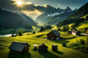 le Soleil brille sur une petit village dans le montagnes. généré par ai photo