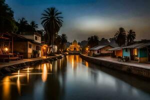 une canal dans le milieu de une ville à nuit. généré par ai photo