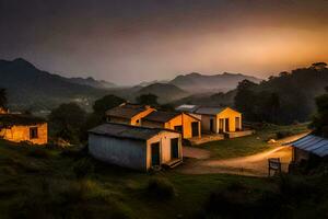 une petit village dans le montagnes à le coucher du soleil. généré par ai photo