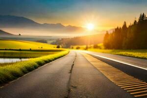 une route avec le Soleil réglage plus de le montagnes. généré par ai photo