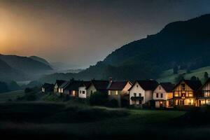 photo fond d'écran le ciel, montagnes, Maisons, coucher de soleil, le montagnes, Maisons, le montagnes,. généré par ai