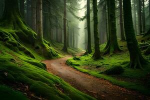 une chemin par une vert forêt avec moussu des arbres. généré par ai photo