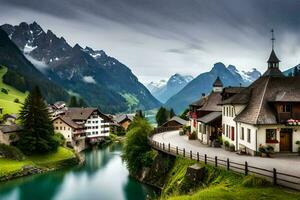 une magnifique Montagne village avec une rivière et montagnes. généré par ai photo