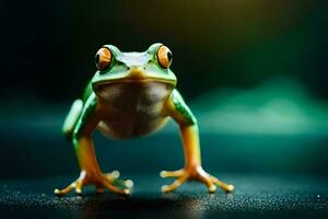 une grenouille est permanent sur ses de derrière jambes. généré par ai photo