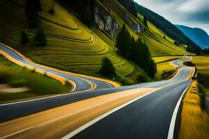 une longue exposition photographier de une enroulement route. généré par ai photo