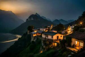 photo fond d'écran le ciel, montagnes, Chine, le nuit, le montagnes, le village,. généré par ai