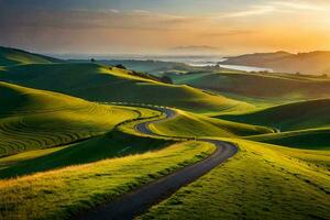 le Soleil monte plus de le roulant collines de le Nouveau zélande campagne. généré par ai photo