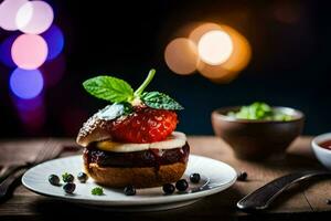 une Hamburger avec une fraise sur Haut. généré par ai photo