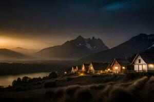 le montagnes sont allumé en haut à nuit avec Maisons sur le flanc de coteau. généré par ai photo