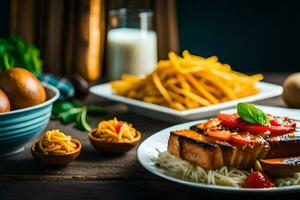 une assiette de nourriture avec patates, des œufs et tomates. généré par ai photo