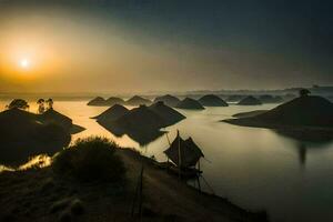 le Soleil monte plus de une Lac avec certains petit bateaux. généré par ai photo