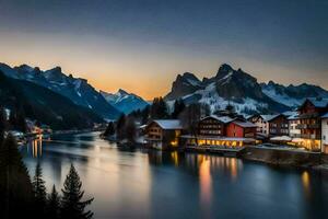 le montagnes sont allumé en haut à le coucher du soleil. généré par ai photo