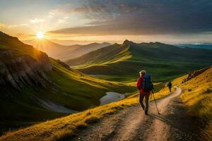 le Soleil monte plus de le montagnes. généré par ai photo