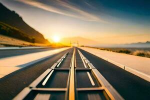 une train Piste Aller vers le bas une Montagne à le coucher du soleil. généré par ai photo