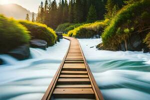 une en bois pont est traversée une rivière. généré par ai photo