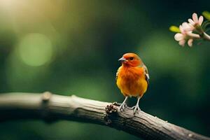 une petit Orange oiseau est assis sur une branche. généré par ai photo