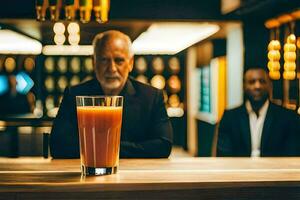 une homme séance à une bar avec une verre de Orange jus. généré par ai photo