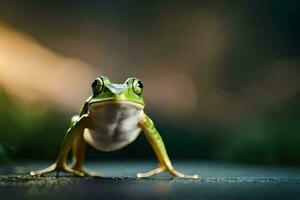 une grenouille est permanent sur le sol avec ses jambes diffuser. généré par ai photo