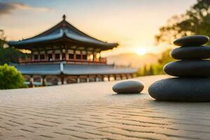 une Zen jardin dans le le coucher du soleil. généré par ai photo