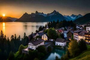 le Soleil ensembles plus de une village dans le montagnes. généré par ai photo