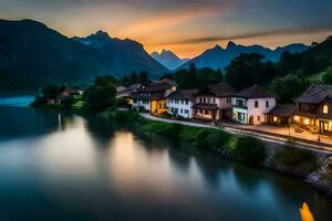 une ville est assis sur le rive de une Lac à le coucher du soleil. généré par ai photo