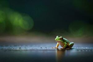 une grenouille séance sur le sol dans de face de une vert Contexte. généré par ai photo