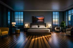 une chambre avec une grand lit et en bois étages. généré par ai photo