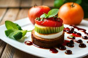 une assiette avec une dessert surmonté avec fruit. généré par ai photo