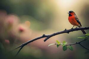 une rouge oiseau séance sur une branche dans le Soleil. généré par ai photo