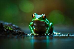 une grenouille séance sur le sol avec une vert Contexte. généré par ai photo