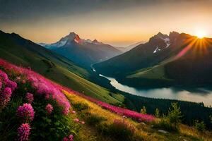 le Soleil monte plus de le montagnes et le fleurs Floraison dans le vallée. généré par ai photo