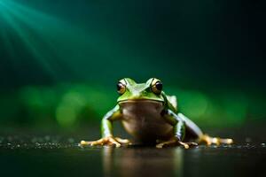 une grenouille séance sur le sol avec une vert Contexte. généré par ai photo