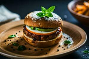 une Hamburger avec fromage, tomate et salade sur une en bois plaque. généré par ai photo