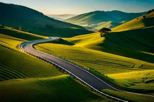 une enroulement route dans le milieu de vert collines. généré par ai photo